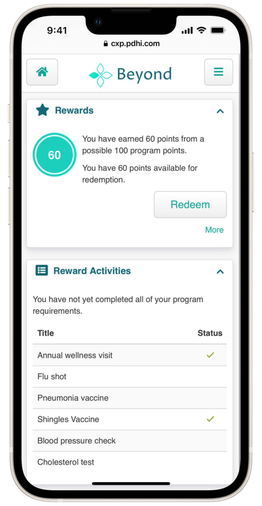 iphone screen displaying ConXus Rewards screenshot of a user earning points and a redemption button